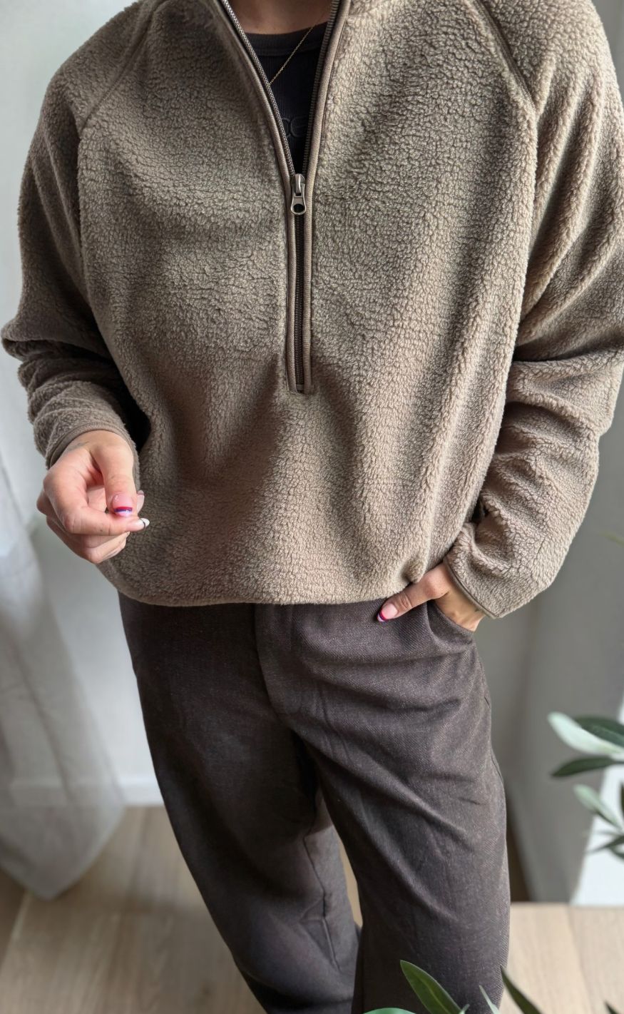 Freequent Pullover Teddy Zip Desert Taupe