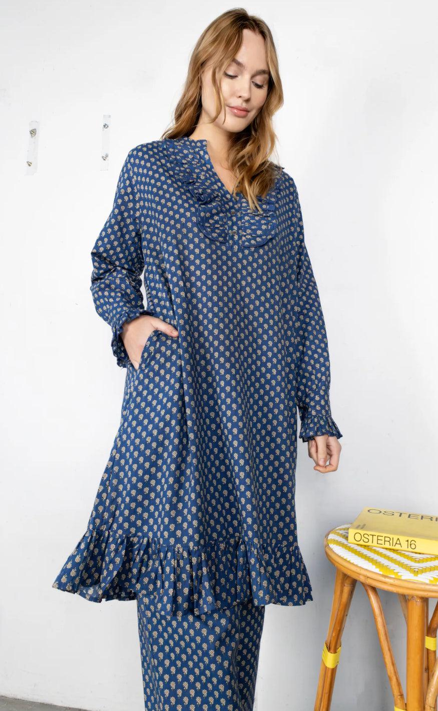 Black Colour Kjole Flora Ruffle Blue Floral