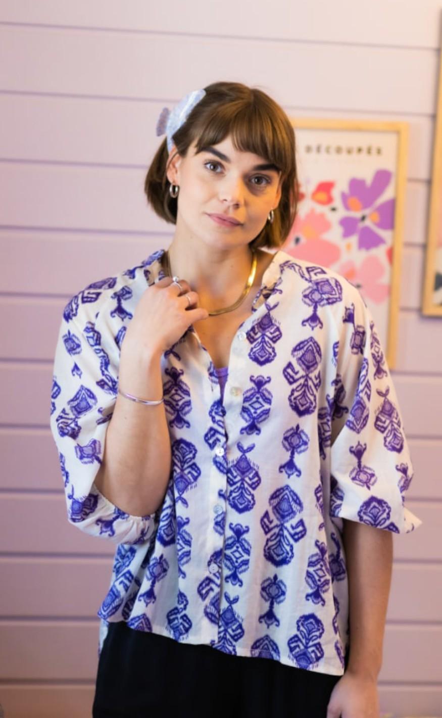 Black Colour Shirt Ikat Off White Purple