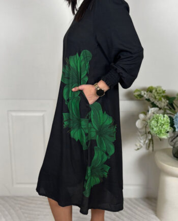 Say Ina Copenhagen Kjole Elva Long Black    Green Flowers