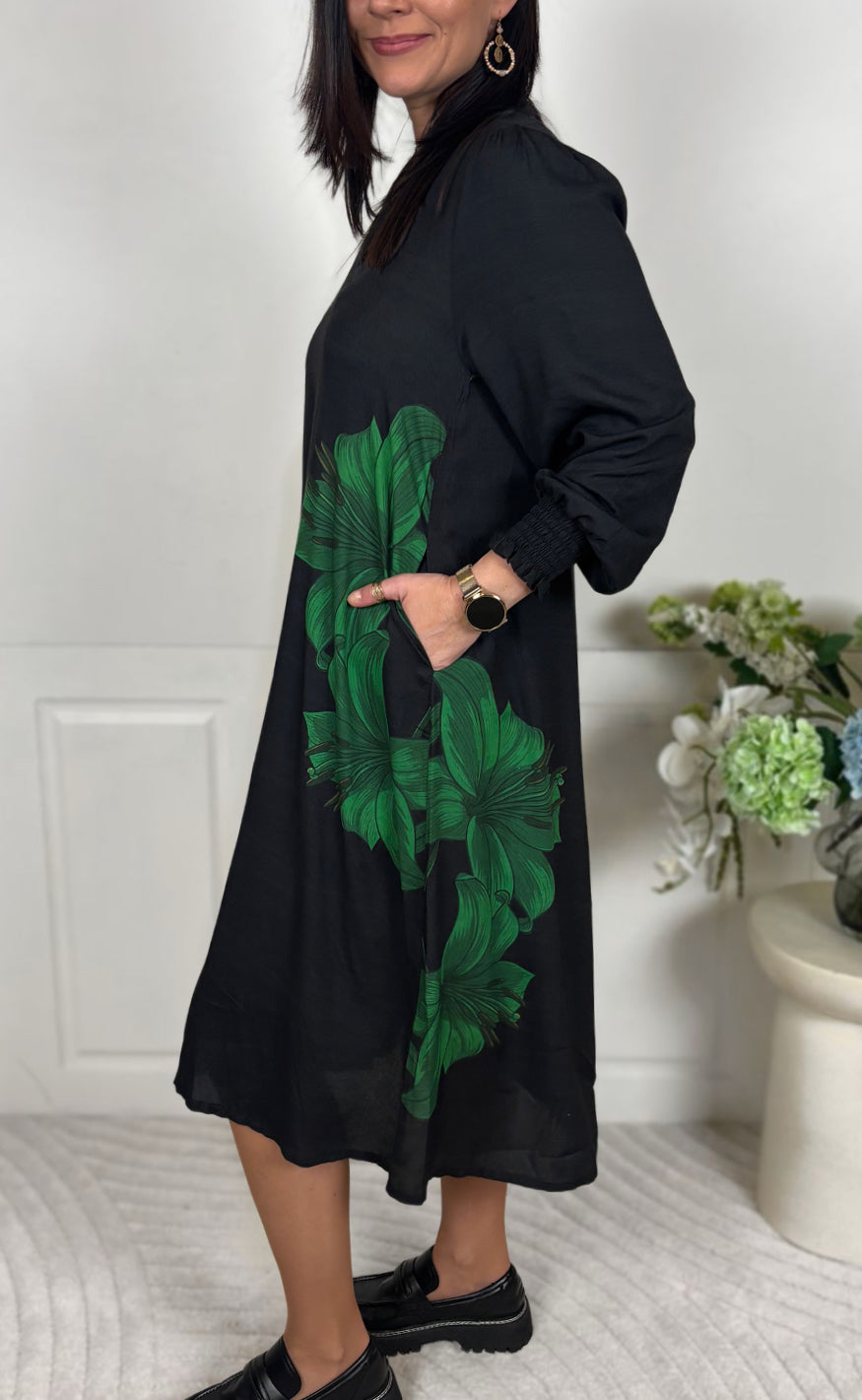 Say Ina Copenhagen Kjole Elva Long Black Green Flowers