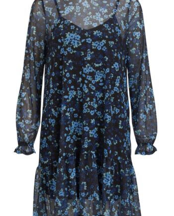 Vila Kjole Highneck Mesh Black   Flower Print