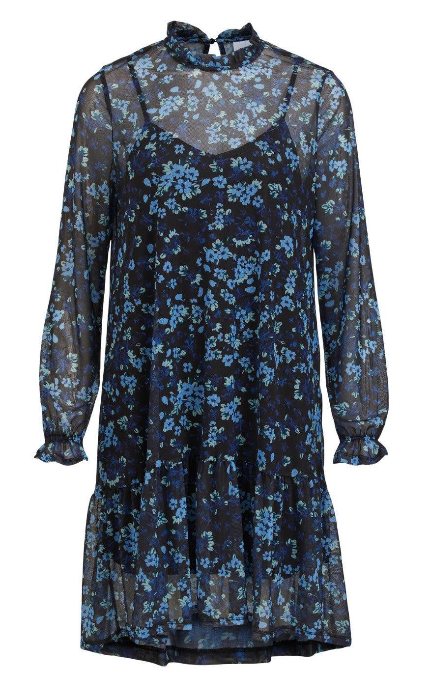 Vila Kjole Highneck Mesh Black Flower Print