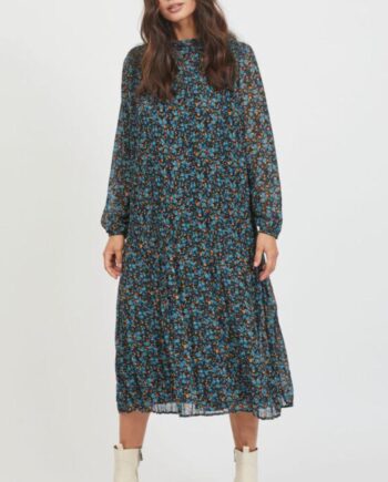 Vila Kjole Plisse Midi Dress Black   Aop Deep