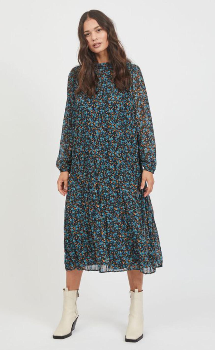 Vila Kjole Plisse Midi Dress Black Aop Deep