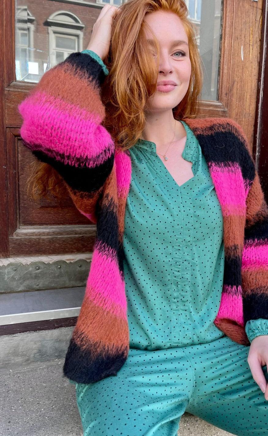 Black Colour Bluse Bianca Dot Green Dot