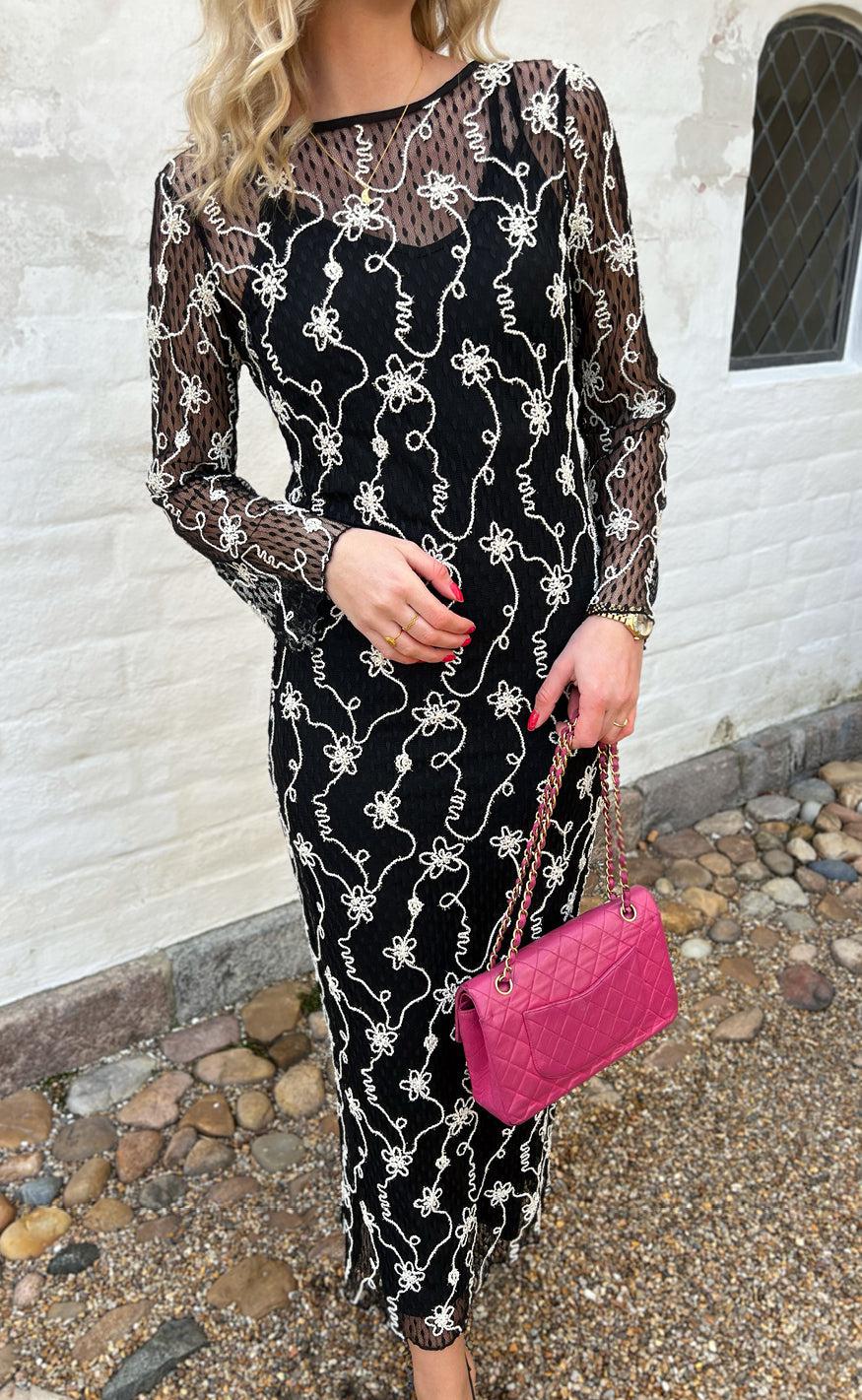 Say Ina Copenhagen Kjole Lace Long Black White Lurex