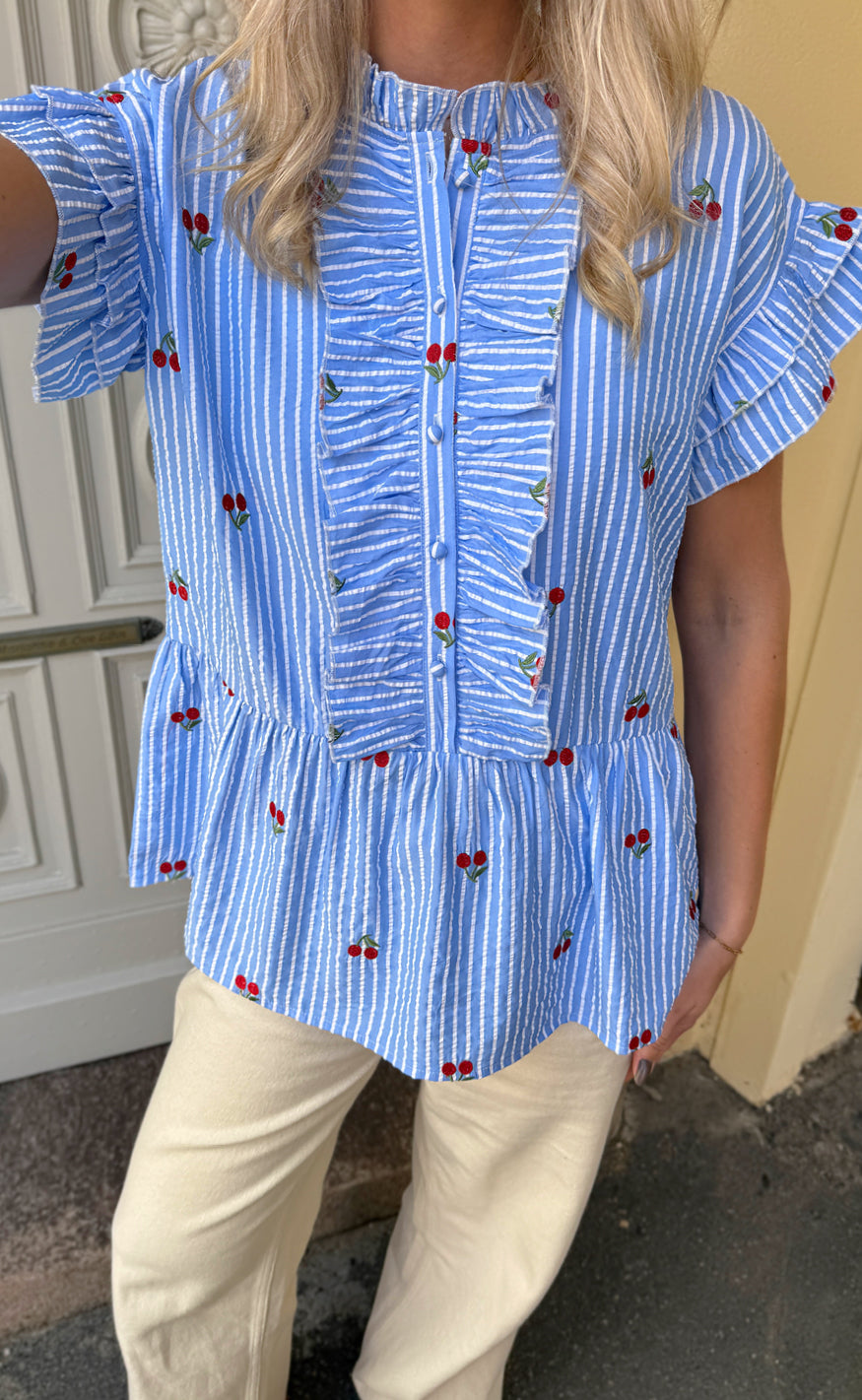 Say Ina Copenhagen Top Freya Blue Striped Cherries