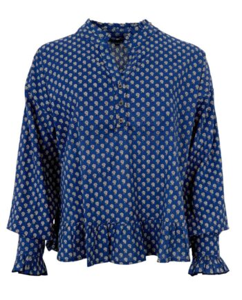 Black Colour Bluse Flora Ruffle Blue Floral