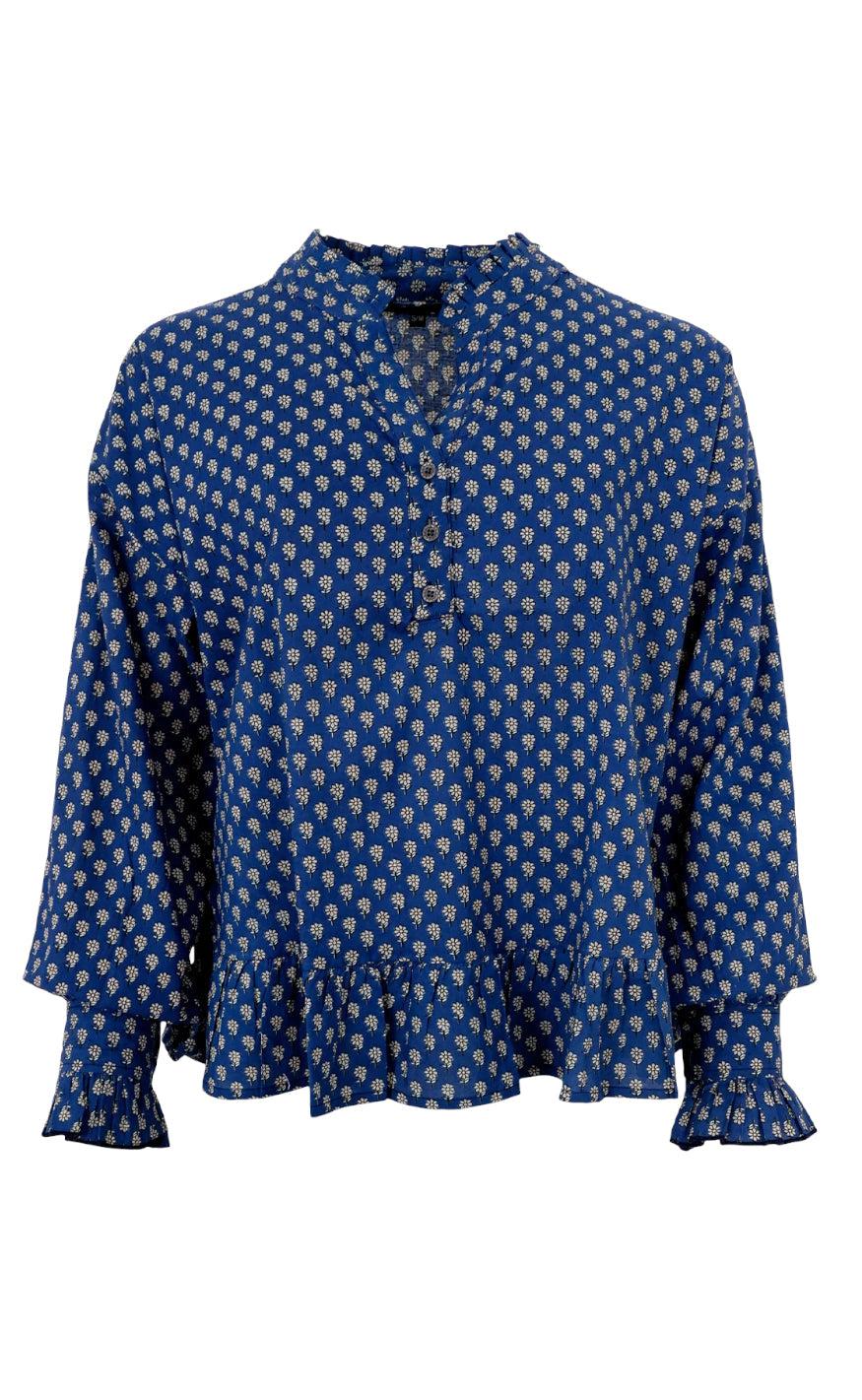 Black Colour Bluse Flora Ruffle Blue Floral