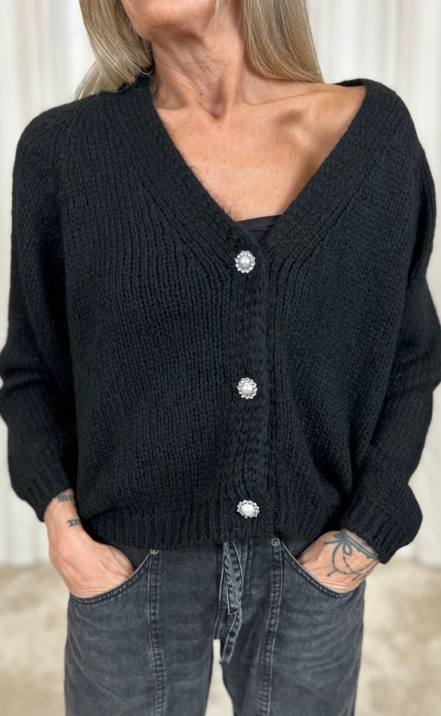 Black Colour Cardigan Pearl Knit Black