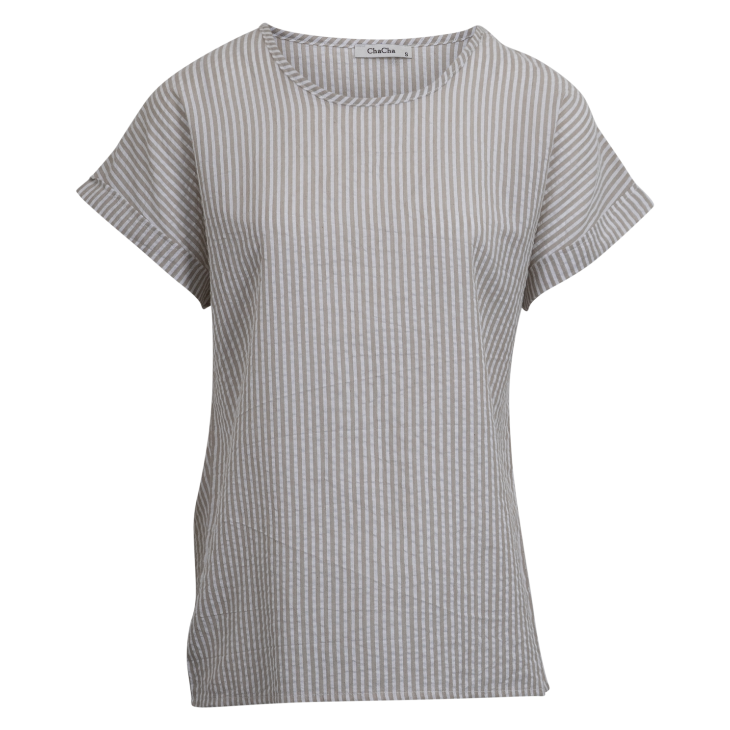 Chacha Dame Kortærmet Bluse Beige White Stripe