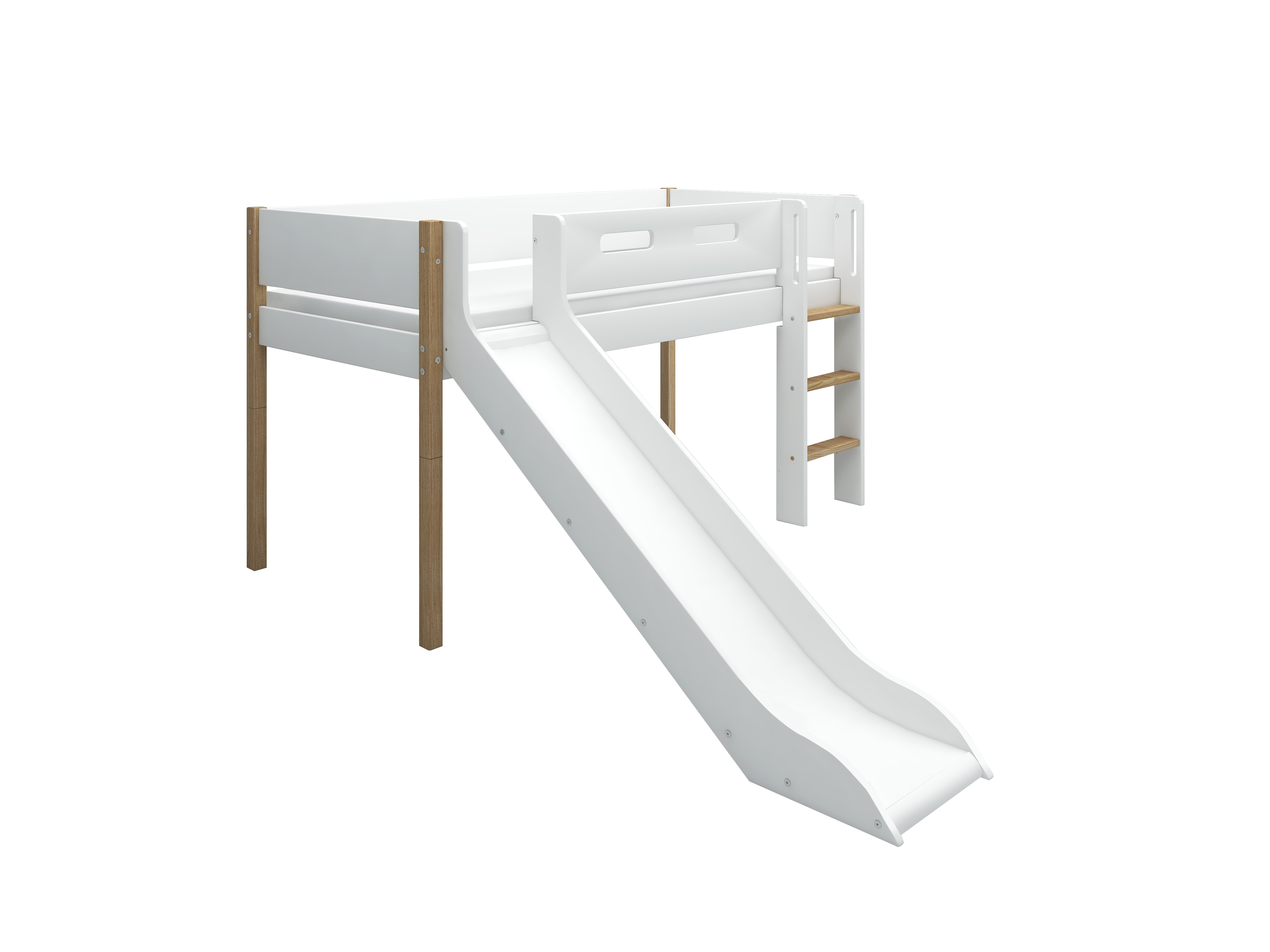 Flexa Nor Halvhøj Seng 120 Cm Med Rutchebane  Stige Og Cut Out Sengehest 90x200 Cm Hvid Eg