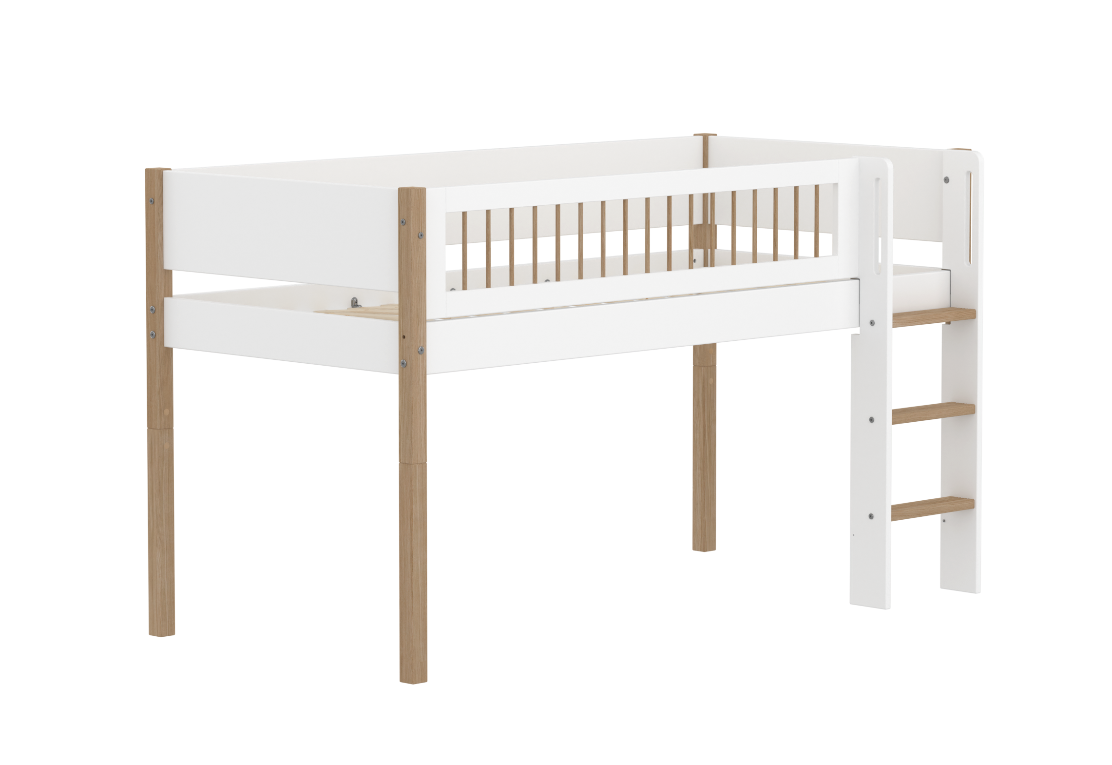 Flexa Nor Halvhøj Seng 120 Cm Med Stige Og Crossbar Sengehest 90x200 Cm Hvid Eg