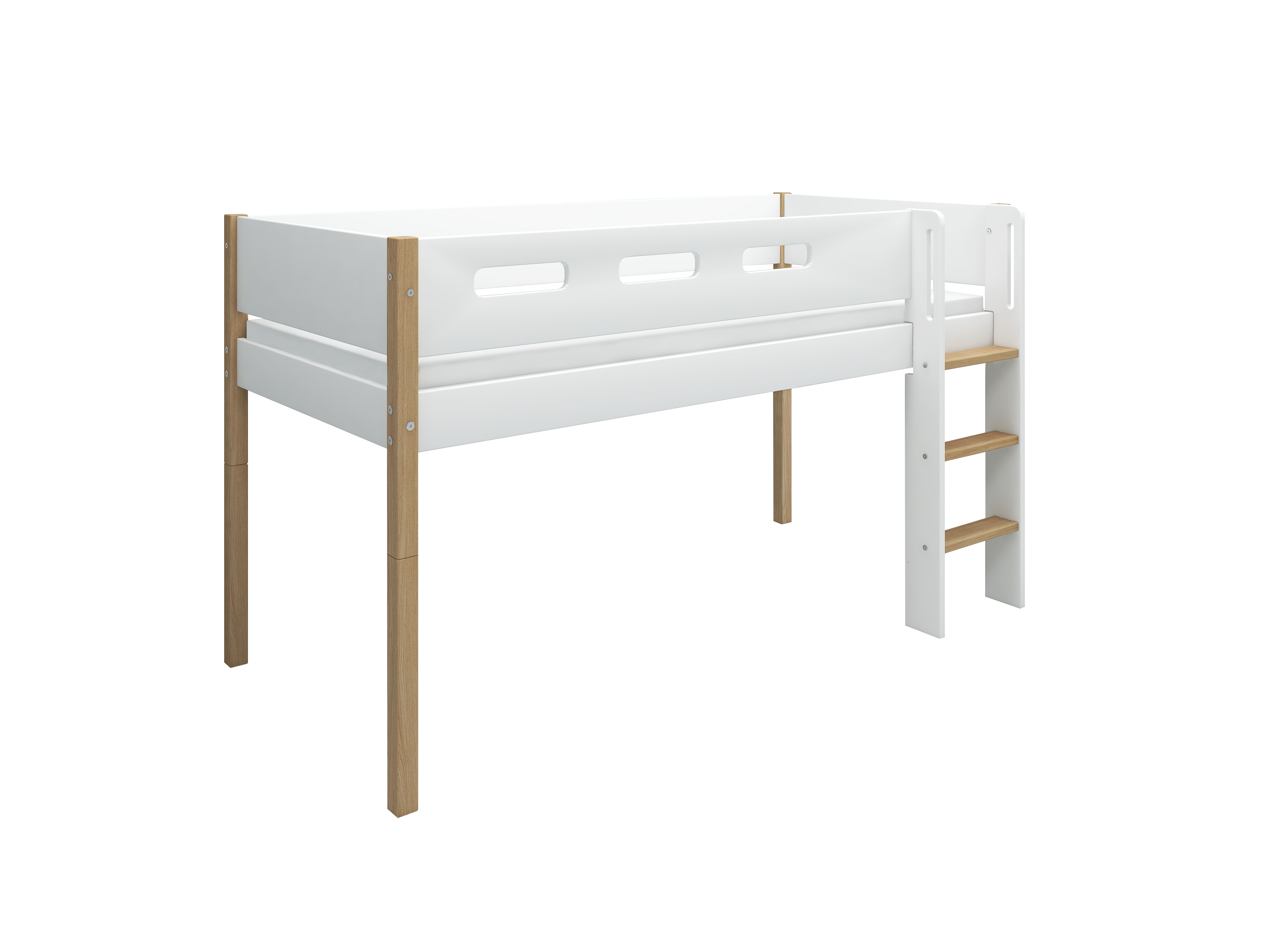 Flexa Nor Halvhøj Seng 120 Cm Med Stige Og Cut Out Sengehest 90x200 Cm Hvid Eg