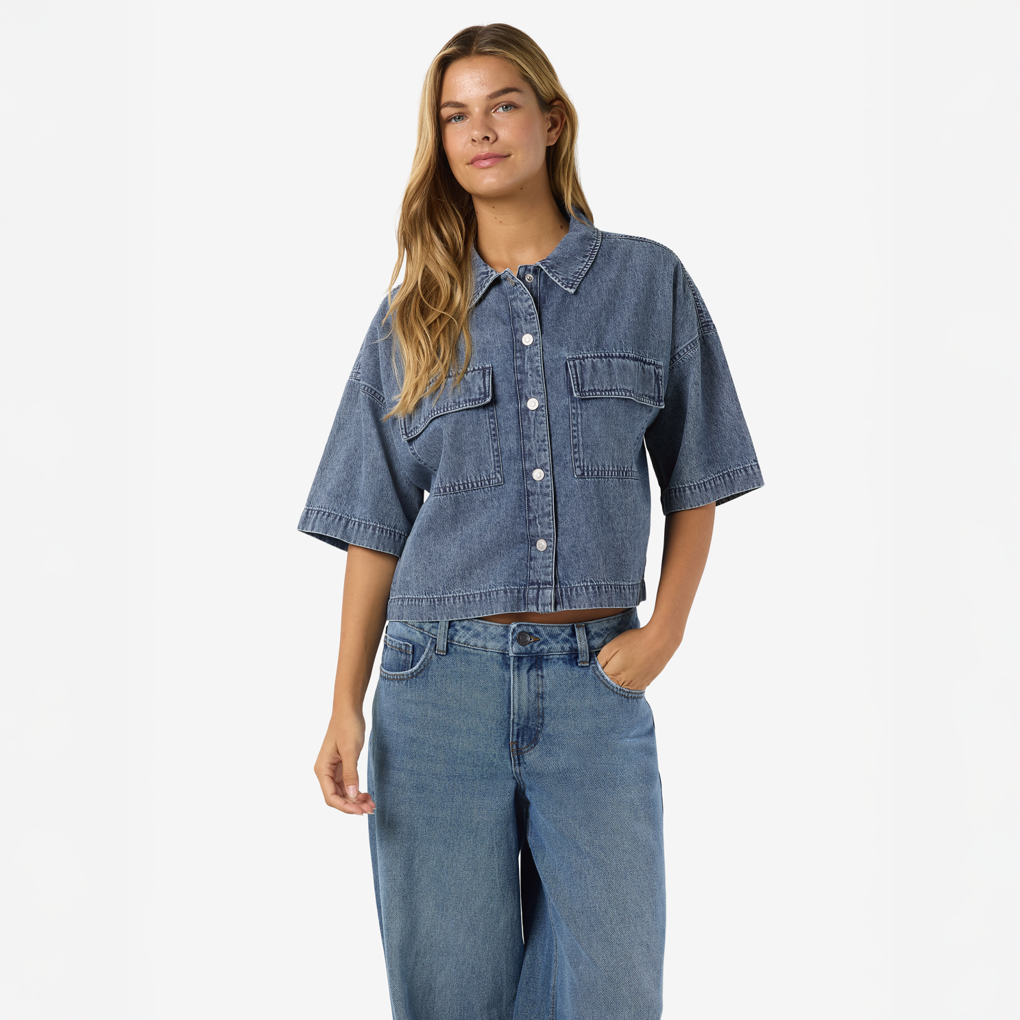 Noisy May Enza Dame Denimskjorte Medium Blue Denim