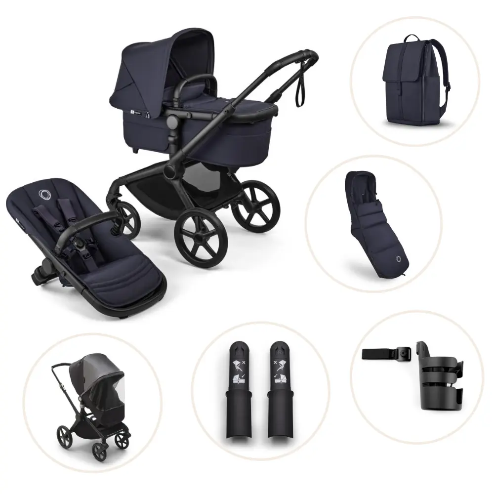 Bugaboo Fox Renew Kombivogn Inkl Puslerygsæk Kørepose Kopholder Højdeadapter Og Regnslag Black Deep Indigo
