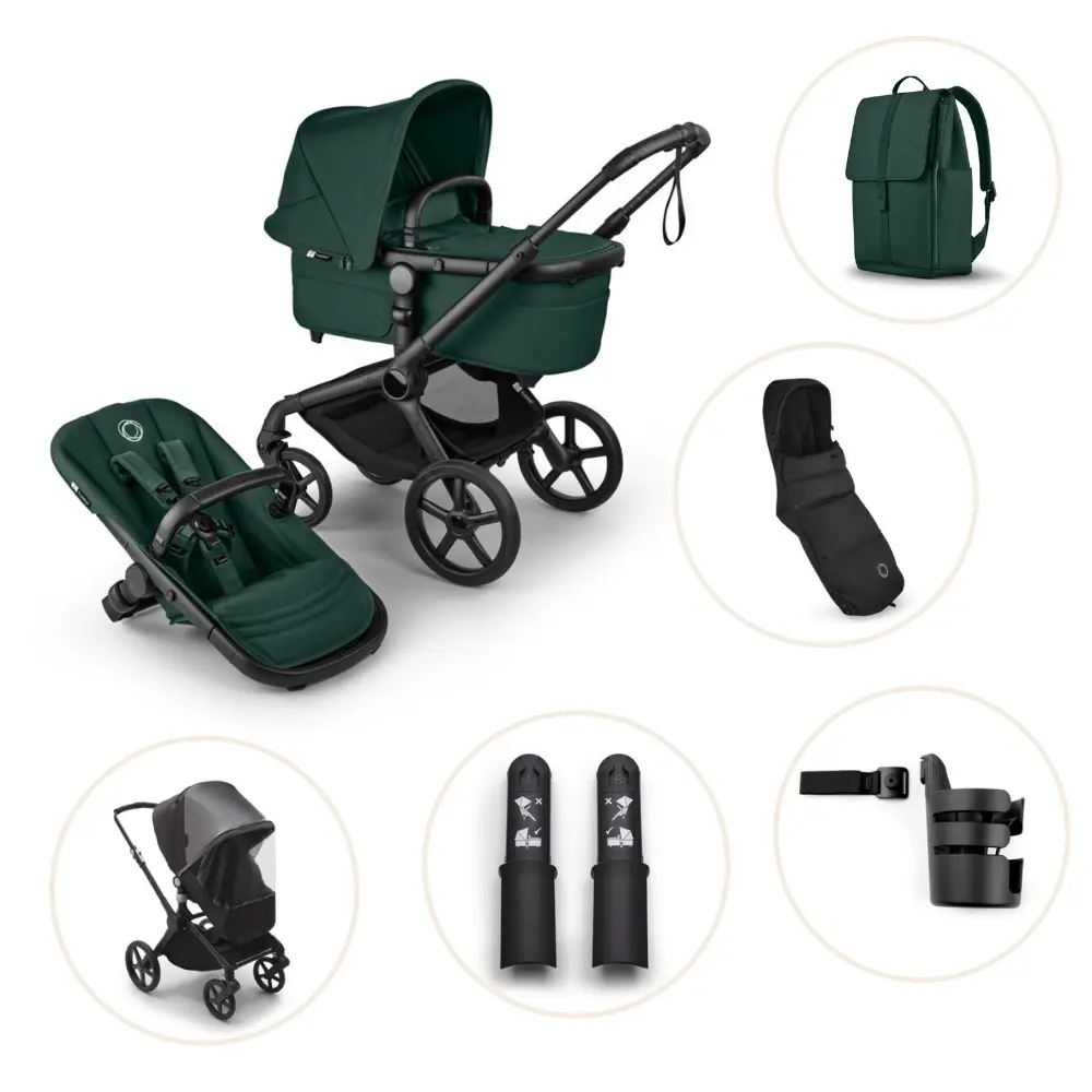 Bugaboo Fox Renew Kombivogn Inkl Puslerygsæk Kørepose Kopholder Højdeadapter Og Regnslag Black Fern Green