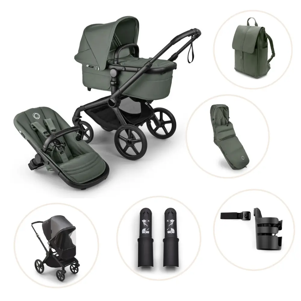 Bugaboo Fox Renew Kombivogn Inkl Puslerygsæk Kørepose Kopholder Højdeadapter Og Regnslag Black Forest Green