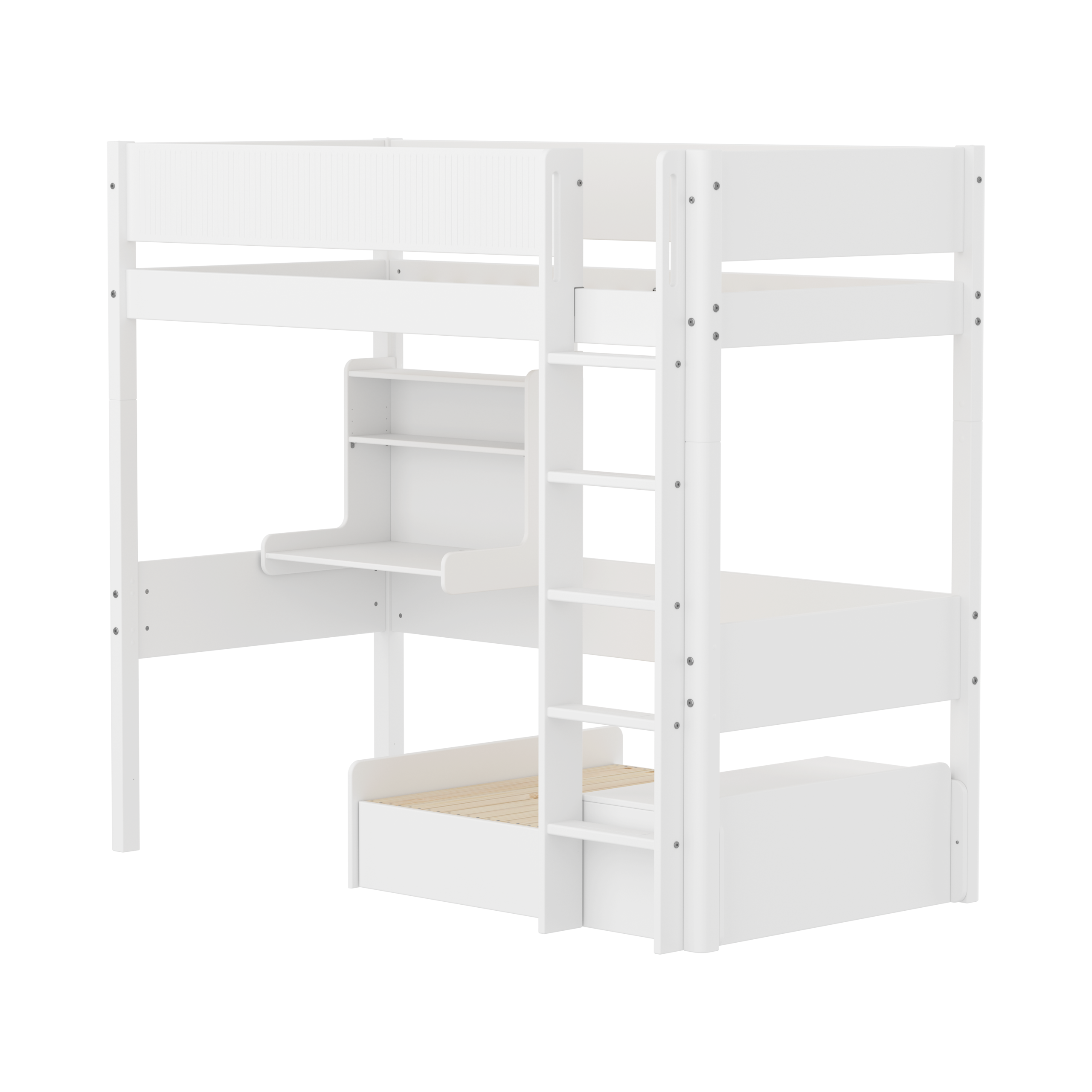 Flexa White Casa Højseng Med Grooves Sengehest  Stige  Click On Skrivebord Og Gæsteseng 90x200 Cm Hvid Eg
