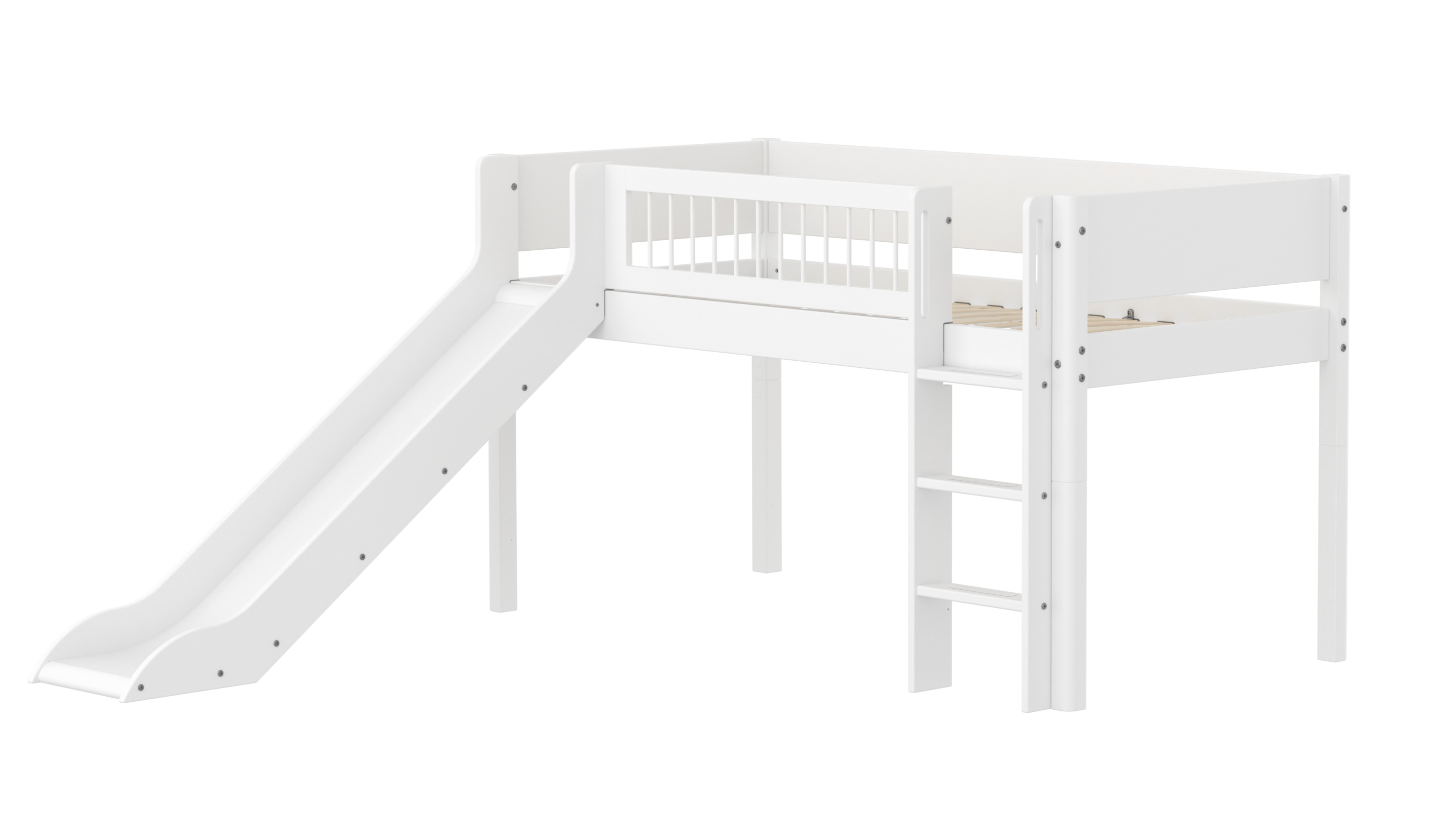 Flexa White Halvhøj Seng 120 Cm Med Rutchebane  Stige Og Crossbar Sengehest 90x200 Cm Hvid