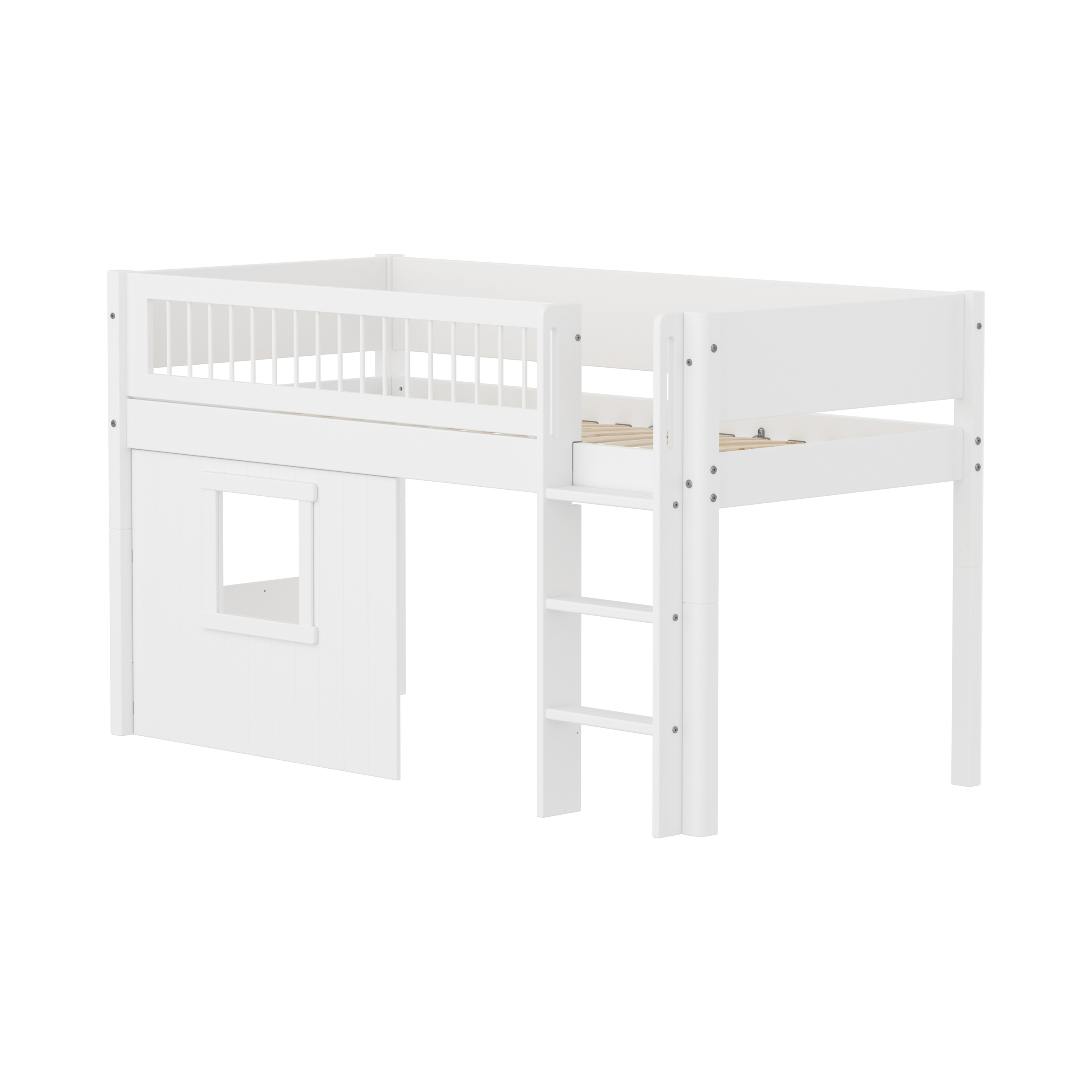 Flexa White Halvhøj Seng 120 Cm Med Stige  Crossbar Sengehest Og Træhytte-sengefronter 90x200 Cm Hvid